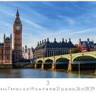 Kalenderseite, "House of Parliaments" unten links. Big Ben und die Westminster Bridge in London.