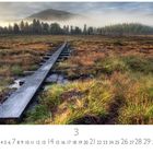 "Wanderweg in Jämtland" über einem Holzsteg, der sich durch eine herbstliche Landschaft mit Graslandschaft und Nebel zieht.