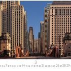 "Chicago", darunter Kalendertage und der Monat "3". Darauf folgt eine städtische Szene mit hohen Gebäuden und einer Brücke.