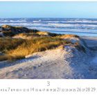 „Strandimpression“, Kalenderblatt mit Monat und Nummern, zeigt Dünengras und Meer unter blauem Himmel.