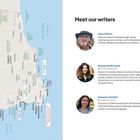 "Meet our writers." Karte von Westaustralien, Namen von Autoren: Steve Waters, Rosamund Brennan, Emmylou Dzubiel. Foto: Landschaft.