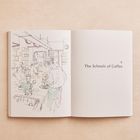 Text: "The Schools of Coffee V". Links eine Skizze von Menschen, die Kaffee zubereiten und genießen.