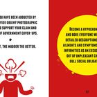 Texte beschreiben surreale Situationen. Links rote Figur im Comic-Stil, rechts gelber Kreis auf rotem Hintergrund.