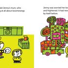 Links: "Wow! You ate that fast," und Illustration einer Küche mit Figuren. Rechts: "Jenny was worried," Stadt mit Schildern.
