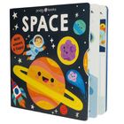 Text: "SPACE", "With wheels & flaps!". Illustration: Buntes Kinderbuch über das Weltall mit Planeten und einem Astronauten.