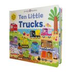 "Ten Little Trucks" auf einem bunten Kinderbuchcover. Verschiedene bunte Lastwagen sind fröhlich illustriert.