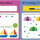 Links: "Draw lines down." und "Trace the dashed lines from top to bottom." Rechts: "It's raining, it's pouring!" und "Trace the dashed lines to finish the umbrellas." Enthält bunte Boote und Regenschirme.