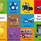 "Colours", "Things that go". Abgebildet sind rote Schuhe, grüne Birne, blauer Ball, Traktor, Motorrad, Zug, rosa Blume, braune Ziege.