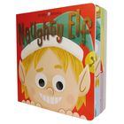 "Naughty Elf" steht in glitzernden Buchstaben. Ein fröhlich blickender Elf mit blonden Haaren in einem roten Buch.
