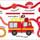 Texte: "Red", "bright balloon", "shiny button", "tiny toadstool", "little ladybird", "squelchy wellies", "sweet strawberry", "squawking parrot", "noisy fire engine". Illustration: Ein roter Papagei, Ballon, Knopf, Fliegenpilz, Marienkäfer, Gummistiefel, Erdbeere, Feuerwehrauto.