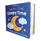 "See, Touch, Feel Sleepy Time" auf blauem Buchcover. Gelber Mond, Wolken, bunte Sterne, beruhigendes Bilderbuch.