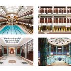 "AMALIENBAD" steht unter vier Bildern eines historischen Schwimmbades mit verzierter Architektur und einem Innenpool.