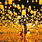 Text: "Mori Building Digital Art Museum: teamLab Borderless." Eine Person steht in einem Raum voller leuchtender Laternen.
