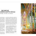 Auf der linken Seite: "DIE KIRCHE SAINT-EUGÈNE-SAINTE-CÉCILE. Zwei Schutzheilige, zwei Riten, zwei Baustile ...". Rechts: Foto einer farbenfrohen Kirche.