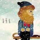 Illustration eines Löwen mit Mütze im Schnee, sitzend, roter Schal; Hintergrund: drei Figuren gehen.