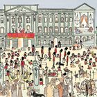 Im Text wird Buckingham Palace beschrieben, besonders die Wachablösung um 11:30. Hunde und Corgis sind in einer lustigen Illustration zu sehen.