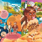 Auf der linken Seite: "Was spielen wir heute?" Auf der rechten Seite: "Ein historischer Kaugummi". Die Illustration zeigt Szenen aus der Steinzeit mit spielenden Menschen und Tieren. Farbig und lebendig.