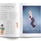 Texte: "Freudensprünge", "Philippe Halsmans Sprung-Fotos". Links Illustrationen, rechts Frau in funkelndem Kleid im Sprung.