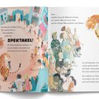 Ein bunter Tiger mit Kindern in einer Stadt, Texte beschreiben ein Spektakel, Wiedersehen und Freude in einer lebhaften Szene.