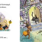 Texte: "Wir gehen heute auf Geisterjagd...", "Bemerkt die HEXENKATZE uns ...", "... oder die kleine maus?".  
Illustration: Tiere in Kostümen vor einem Hexenhaus.