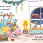 Geschafft, wir sind wieder daheim. Viele Geschenke – wunderbar! Doch halt, da fehlt noch was! Illustration: Weihnachtszimmer mit Hasen.