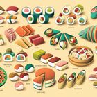Illustration von Sushi-Arten mit Beschriftungen wie Nigiri, Maki, Sashimi und mehr in verschiedenen Farben und Formen.