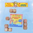 „Meine Freundin Conni“ steht oben, „GESCHICHTEN-WÜRFEL“ auf der Packung. Neun Würfel mit bunten Symbolen sind abgebildet.