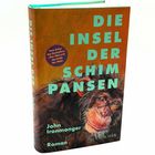 Buchtitel: "Die Insel der Schimpansen" von John Ironmonger. Cover zeigt einen Schimpansen. "Roman" steht ebenfalls drauf.