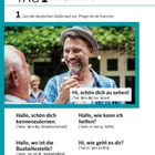 Texte: TAG 1 hallo, hi. Lies die deutschen Sätze laut vor. "Hi, schön dich zu sehen!" und weitere Begrüßungen. Ein Mann lacht.