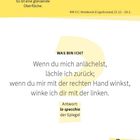 Text: "glänzend", "Es ist eine glänzende Oberfläche", "KW 53 | Steinbock (Capricorno) 22.12. - 20.1.", "WAS BIN ICH?", "Wenn du mich anlächelst, lächle ich zurück; wenn du mir mit der rechten Hand winkst, winke ich dir mit der linken.", "Antwort: lo specchio der Spiegel", "QUIZ".  
Illustration: Gelbes Quadrat.