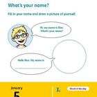 „What's your name?“ „Fill in your name and draw a picture of yourself.“ Illustration: Junge mit Brille spricht.