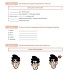 Texte: "Wortschatz", "Übung 1-3", lateinische Fragewörter, Begriffe und Verben. Illustrationen von Gesichtsausdrücken.