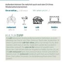 "Die Wochentage", "KULTURTIPP". Illustration von Restaurant, Bar, Café und Theater. Text erklärt Unterschiede von Cafés.