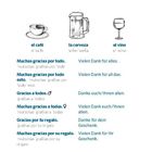 Texte zeigen Danksagungen Spanisch/Deutsch. Illustrationen: eine Tasse Kaffee, Krug Bier, Glas Wein.