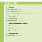 Quick-Finder für Green Line 1: Nomen, häufig verwendete Verben, Modalverben mit Seitenzahlenverweis.