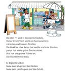 Text über einer Illustration: "a) Lies die Texte. Male im Bild an, was du gelesen hast." Drei Kinder sitzen an einem Tisch in einem Eiscafé.