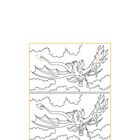 Zwei identische Illustrationen zeigen einen Drachen mit Flammenkopf, der mit einem Schwert durch die Wolken fliegt.