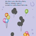 Rätsel: Welcher Schatten gehört zu welchen Luftballons? Bunte und schwarze Ballons auf violettem Hintergrund.