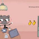 "Sooo!", "Passt perfekt!", "Mit Zuckerguss hält das neue Stück super!". Illustration: Katze, rundes Wesen, Ofen, Küchenutensilien.