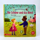"Die Schöne und das Biest" ist ein Kinderbuch von Maurice Ravel. Illustration zeigt Frau mit Rose, Biest vor Schloss.