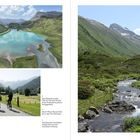 Texte: Der Kopssee wurde 1967 fertiggestellt. Die Ill-Rhein Route führt nach Partenen. Die Silvretta Hochalpenstraße entlang des Vermuntbachs. Bilder: Landschaft mit See und Bergen, Radfahrer auf einer Straße, ein Gebirgsbach fließt durch grüne Hügel.