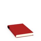 Ein geschlossenes Buch mit rotem Einband liegt auf einer weißen Fläche. Der Buchrücken ist dunkel mit goldener Schrift.