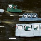 Illustration mit Tieren in Autos auf einer Straße. Text: "Puh, gerade noch geschafft. Krokodil sitzt nun auch zufrieden im Bulli."