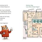 Im Klassenzimmer der 4B sucht Mister Marple. Karte zeigt Räume und Wege. Hamster mit Lupe und Dose, bereit für Spurensuche.