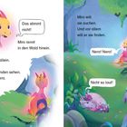 Links: "Das stimmt nicht! Miro rennt in den Wald hinein. Ganz allein. Er will niemanden sehen. Nur Nera." Rechts: Miro ruft "Nera! Nera!", ein Einhorn flüstert "Nicht so laut".