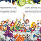 Zwei Textabschnitte beschreiben ein Fest mit Raketen und einer magischen Geschichte. Darunter eine bunte, fröhliche Illustration einer Feier mit Menschen in fantasievoller Kleidung, einem Tisch voller Essen und Tieren.