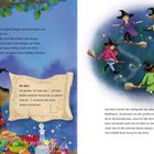 Links: "Mit dem Zauberwort im Gepäck fliegen die kleine Hexe..."

Rechts: Bunte Hexen tanzen lachend auf Besen in funkelnder Nacht. Ein Mädchen in Hexenkleidung lacht und hält einen Hasen.