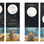 Vier Panels: Eine Maus wirft vergeblich einen Stein nach dem Mond, der schließlich vom Himmel fällt, über dem Meer.