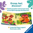 „Grasp, feel, discover! Catchy question-and-answer texts encourage language development. Large felt flaps support fine motor skills.“ Ein Bilderbuch mit bunten Eulen und Vögeln.