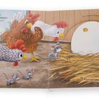 „Wer hat das schöne Ei gelegt? MAMA HUHN oder MAMA MAUS?“ Illustrationen von Hühnern, Mäusen und einem Ei.